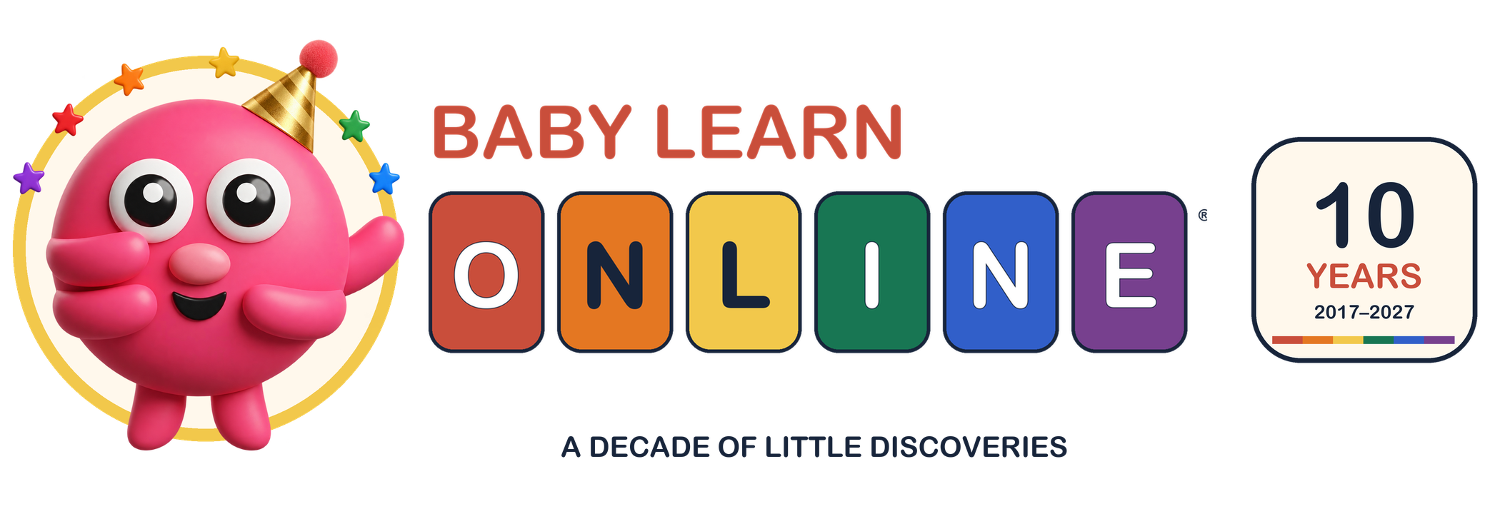 Little Cuddly celebrating beside the Baby Learn Online ten-year anniversary logo